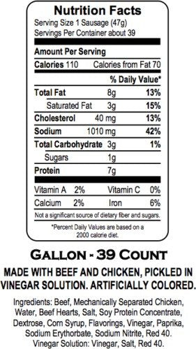 Herbs RED HOT Pickled Sausage (1 Gal. Jar) 39 Count Beef & Chicken No Pork