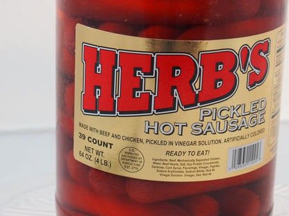 Herbs RED HOT Pickled Sausage (1 Gal. Jar) 39 Count Beef & Chicken No Pork