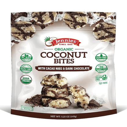 Jennies Organic Coconut Bites with Cacao Nibs and Dark Chocolate, 5.25oz