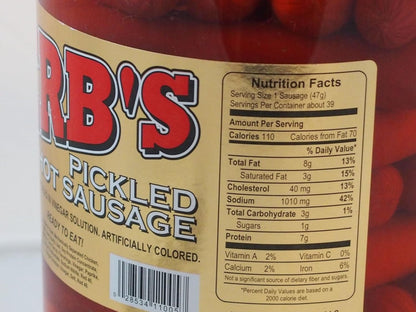 Herbs RED HOT Pickled Sausage (1 Gal. Jar) 39 Count Beef & Chicken No Pork