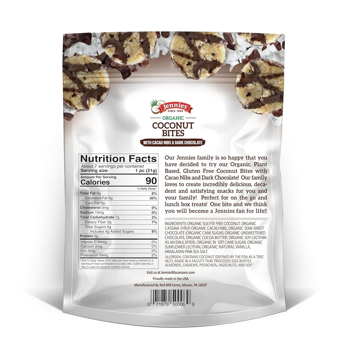 Jennies Organic Coconut Bites with Cacao Nibs and Dark Chocolate, 5.25oz
